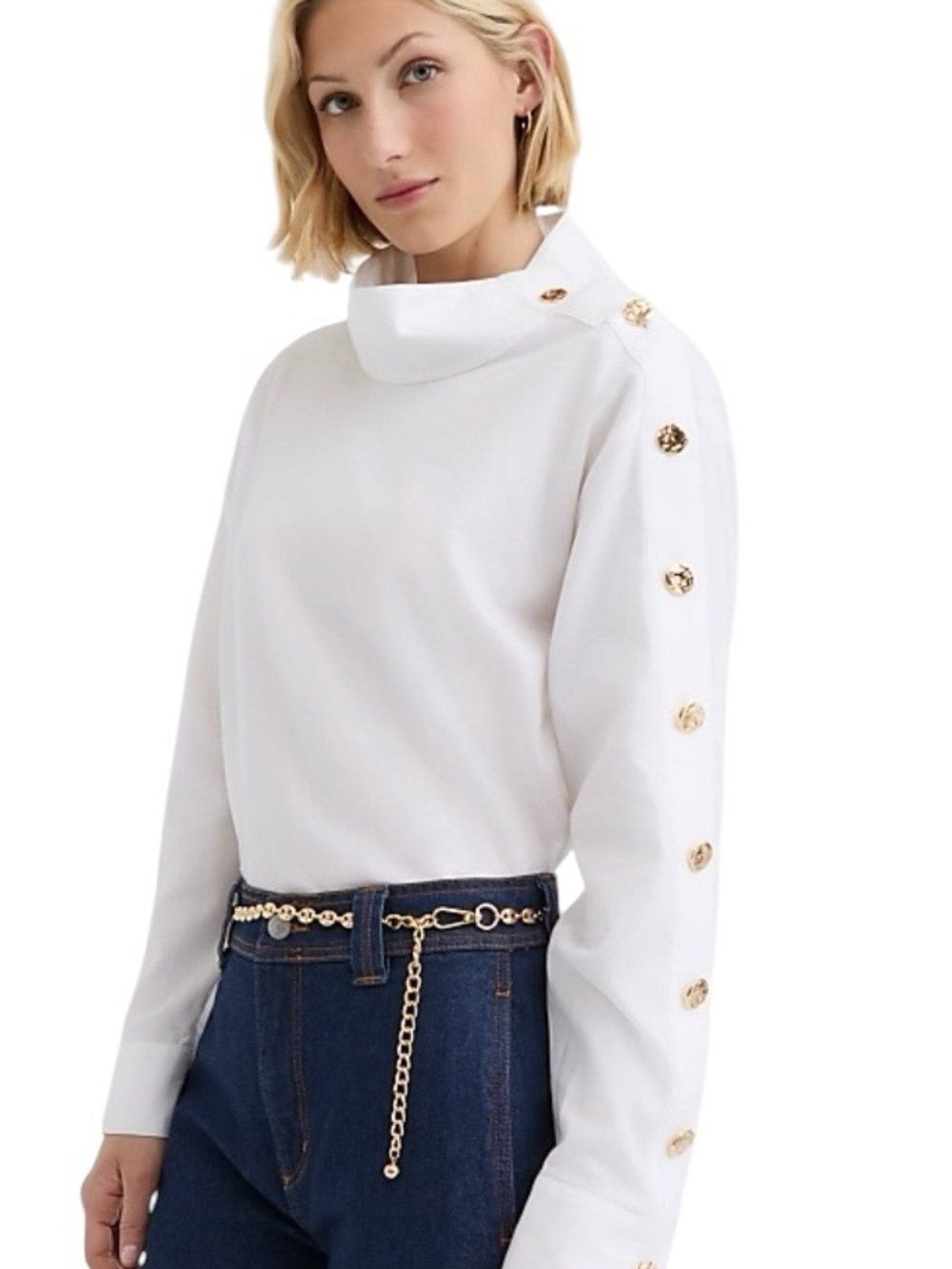 LOFT White Top Size S Structured Mock Neck Gold Button Sleeve Cotton Poplin